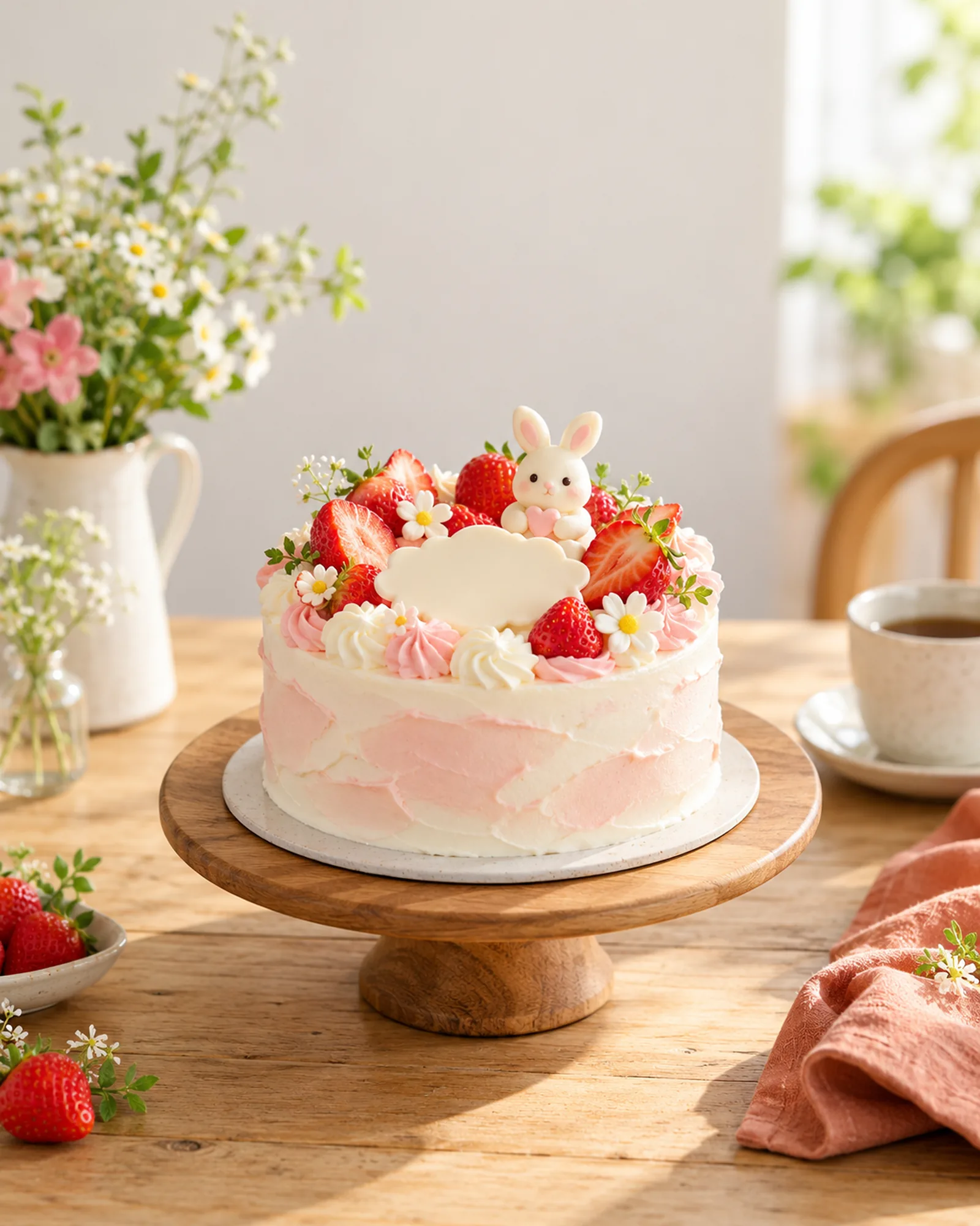 いちごと小さなうさぎの砂糖細工を飾ったピンクと白のケーキのイメージ。