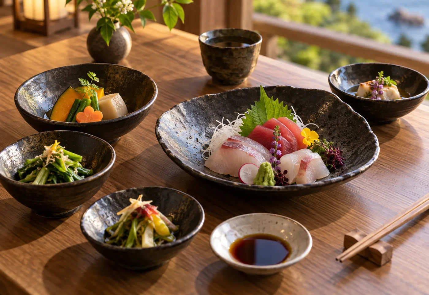 黒い器に魚の刺身と季節の野菜の小鉢を盛り付けた夕食のイメージ。