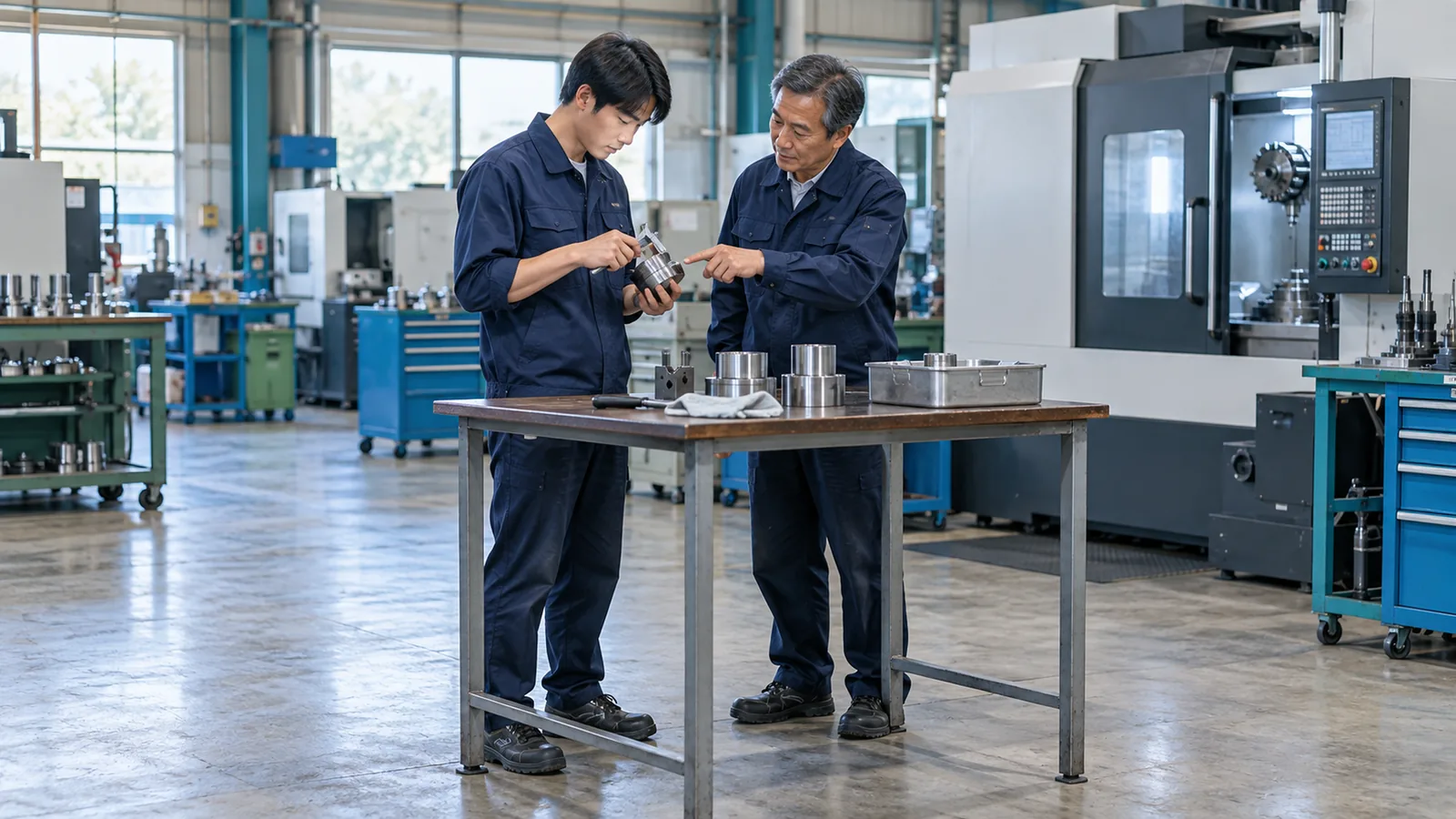 工場の床に立つ若手と先輩が、脚の見える作業台のそばで金属部品を測るイメージ。